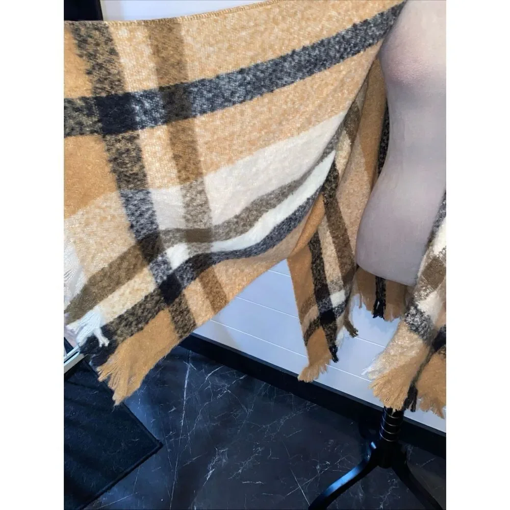 Nine West Sustainable Style Tan Plaid Open Front Poncho Wrap Fringed Shawl ~ OS